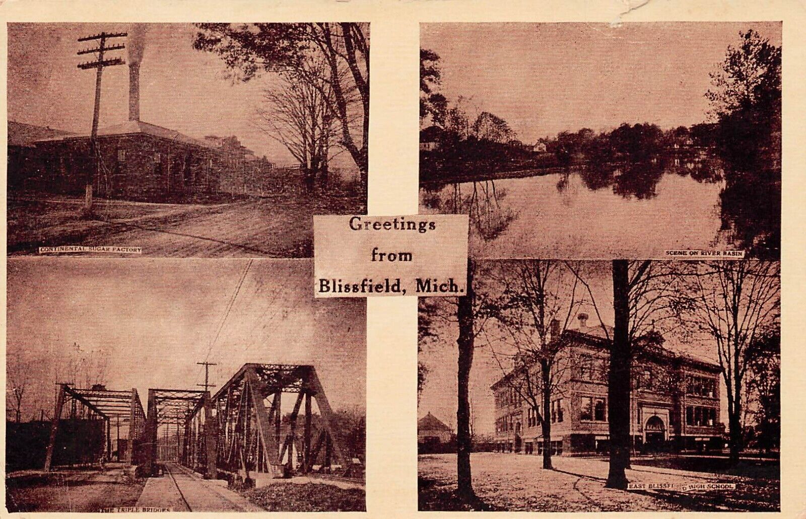 Blissfield Michigan Triple Bridge Railroad Train Sugar Factory Vtg Postcard A4