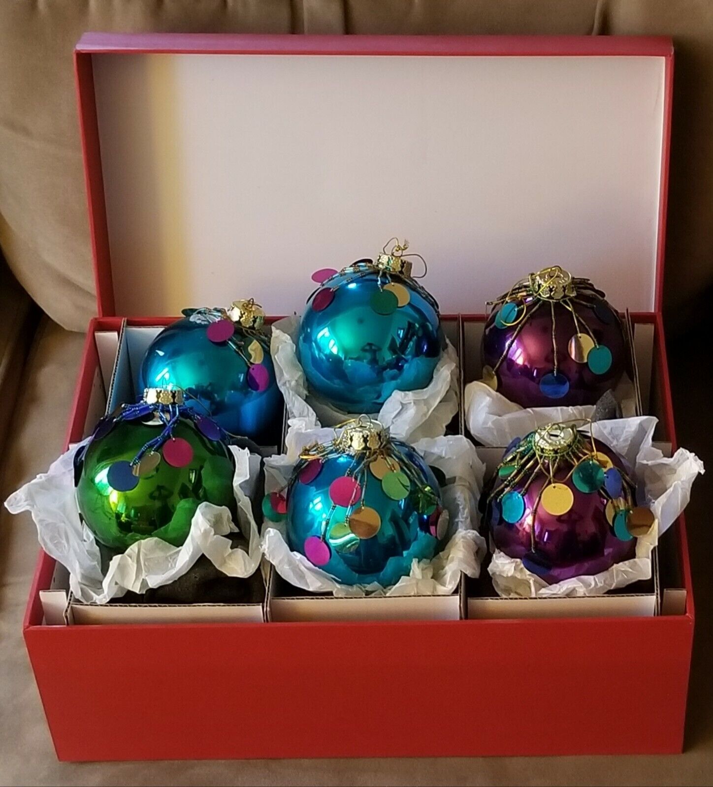 Box of 6-Contemporary Large Round Glass Christmas Ornaments 4.2\