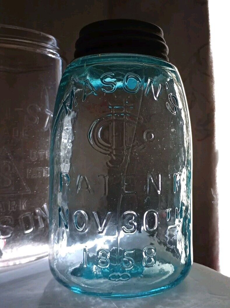 1880s RB#1920 Midget Pint MASON\'S PATENT NOV 30TH 1858 Fruit Jar W/ Correct Lid