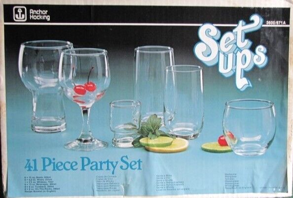 NOS Vintage ANCHOR HOCKING Barware 41 DRINKING GLASSES Party Set UNOPENED BOX