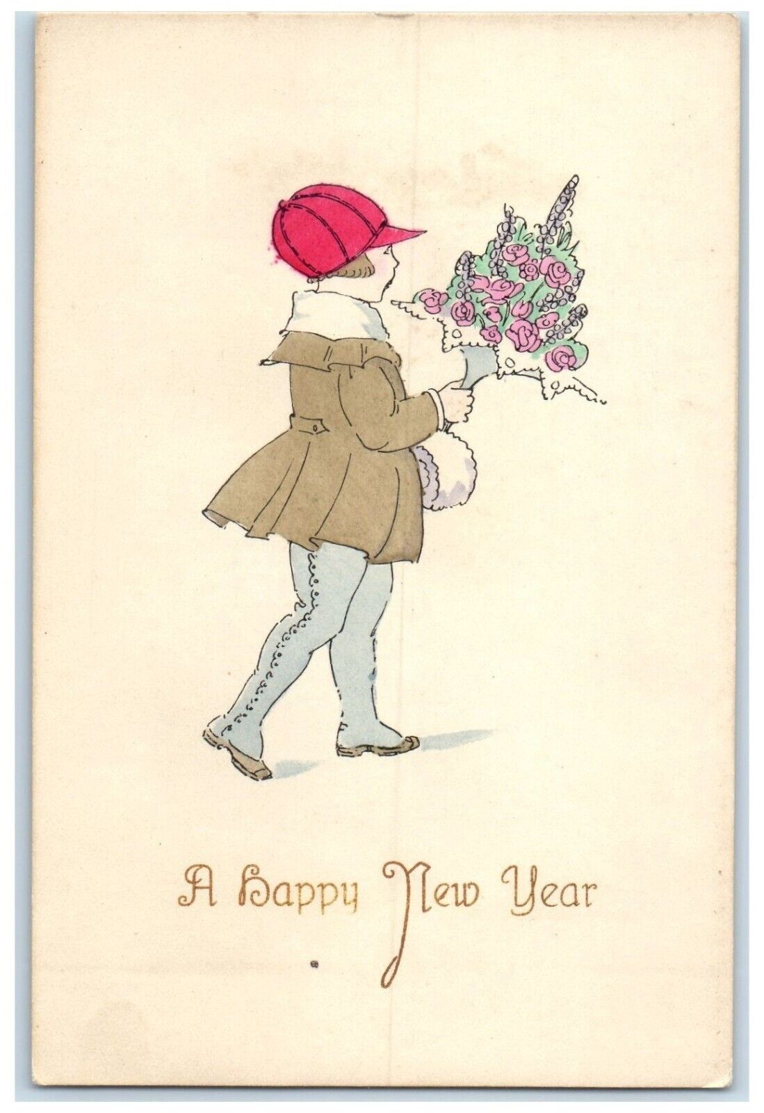 c1910's Happy New Year Boy Holding Flowers Bouquet Munk Antique Postcard