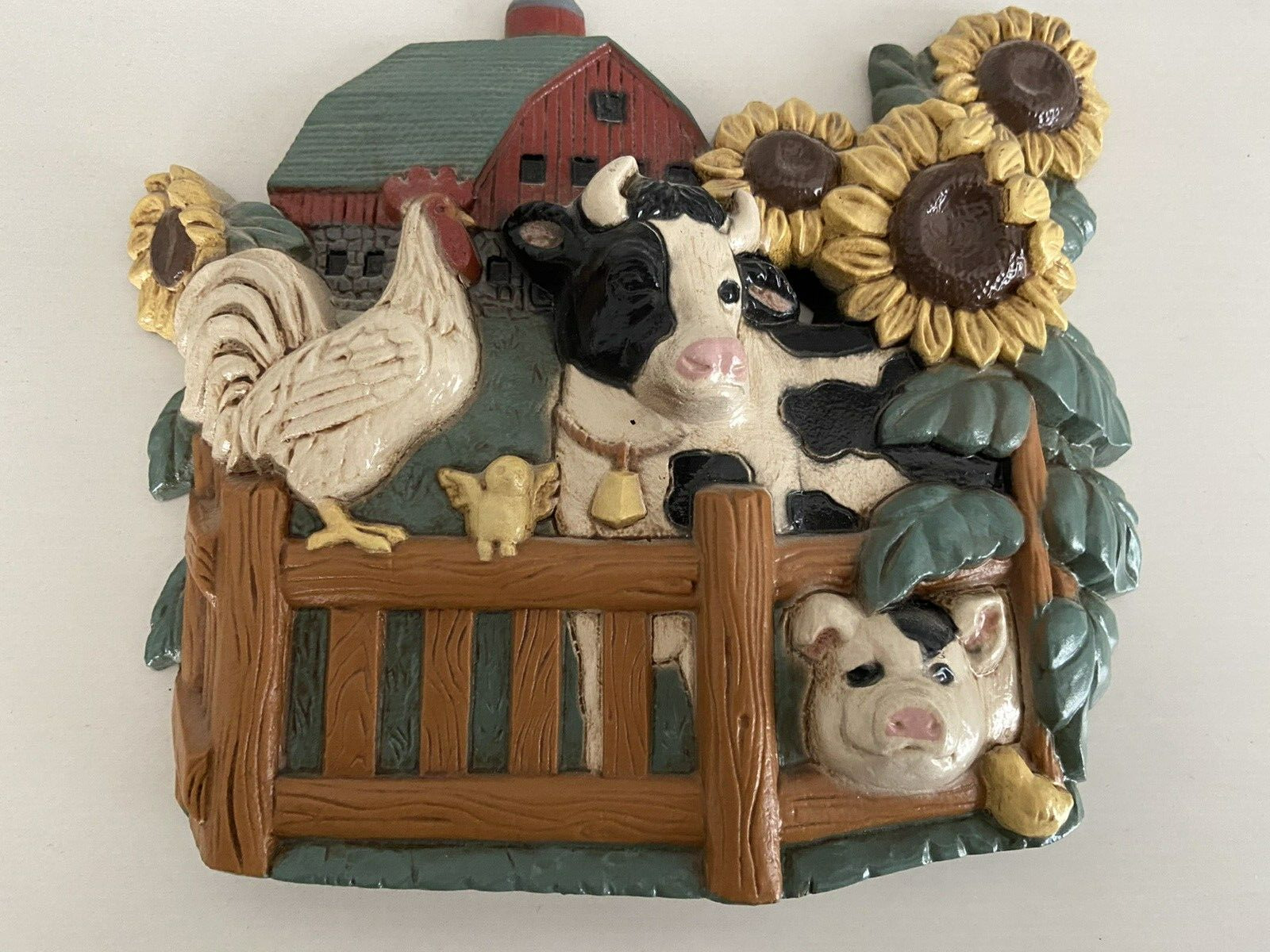 Vintage 1997 Home Interior Farmhouse Plaque 3363-2 Cow Rooster Pig Sunflower EUC
