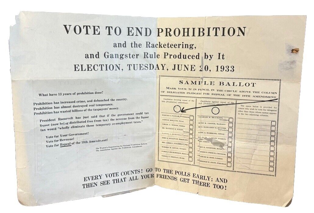 1933 Vote To End Prohibition Sample Ballot Repeal The 18th Amendment Rare