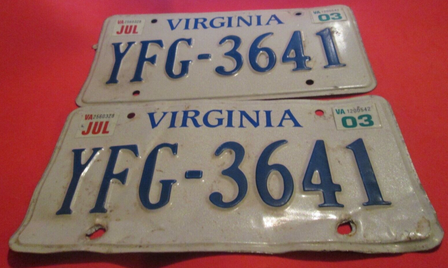 VINTAGE PAIR OF US VIRGINIA LICENSE PLATES WITH 2003 STICKER YFG 3641 MOR LISTED