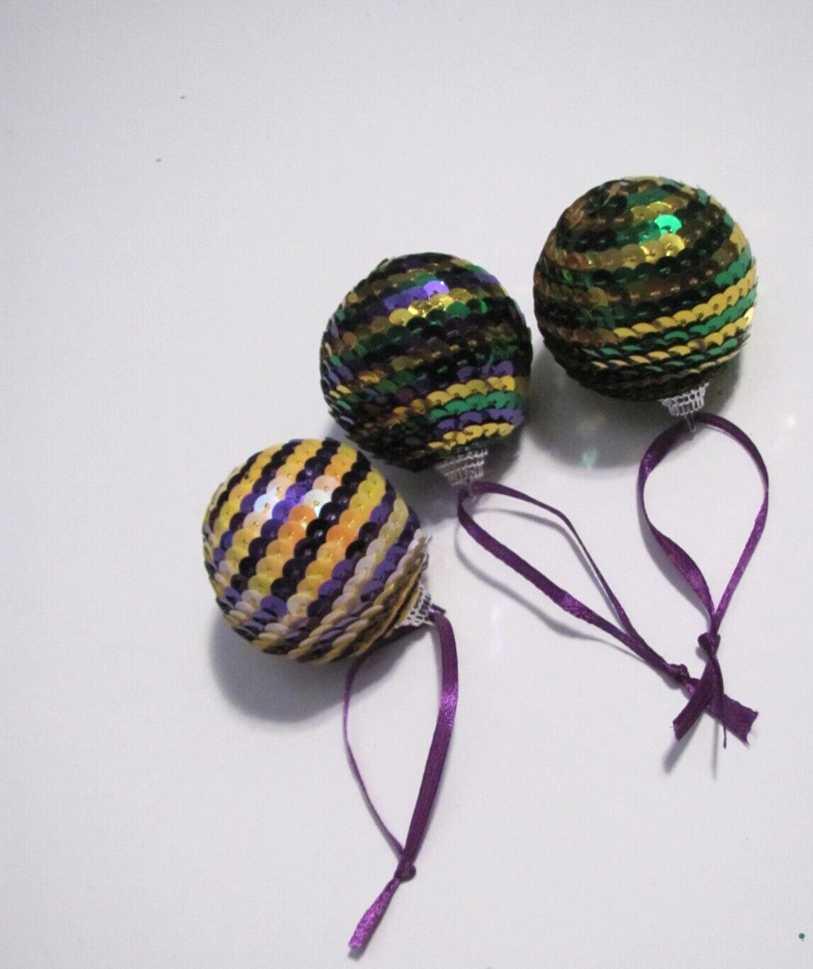 NWOT LOT OF 3 SEQUIN COVERED MARDI GRAS THEMED ROUND ORNAMENTS