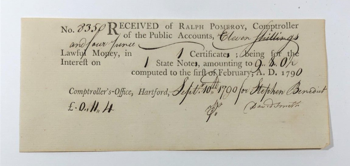 1790 Dated Receipt of Lawful Money Interest Note Payment, CT.
