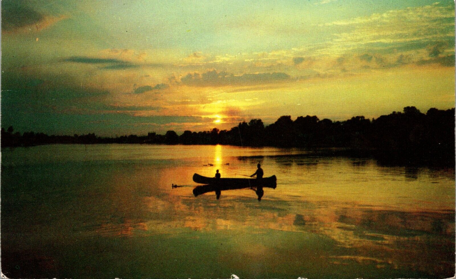 Man & Boy Fishing From Canoe On Lake At Sunset Postcard L66