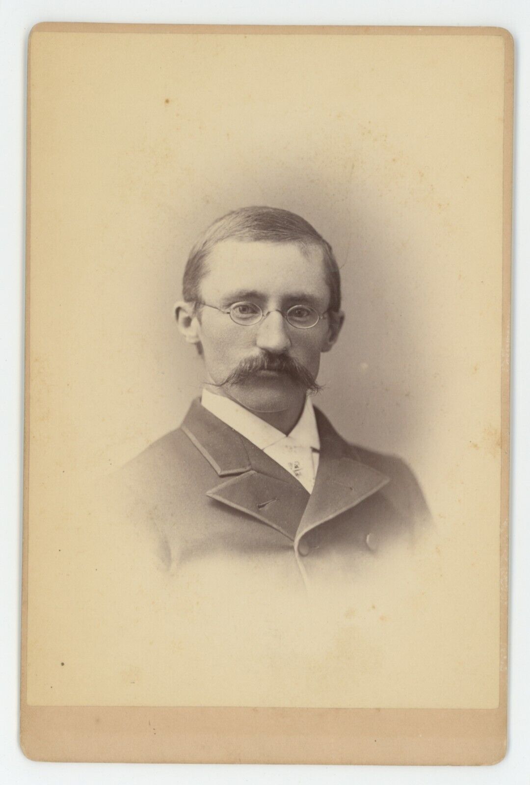 Antique Circa 1880s Cabinet Card Handsome Man Mustache Glasses Burlington, VT