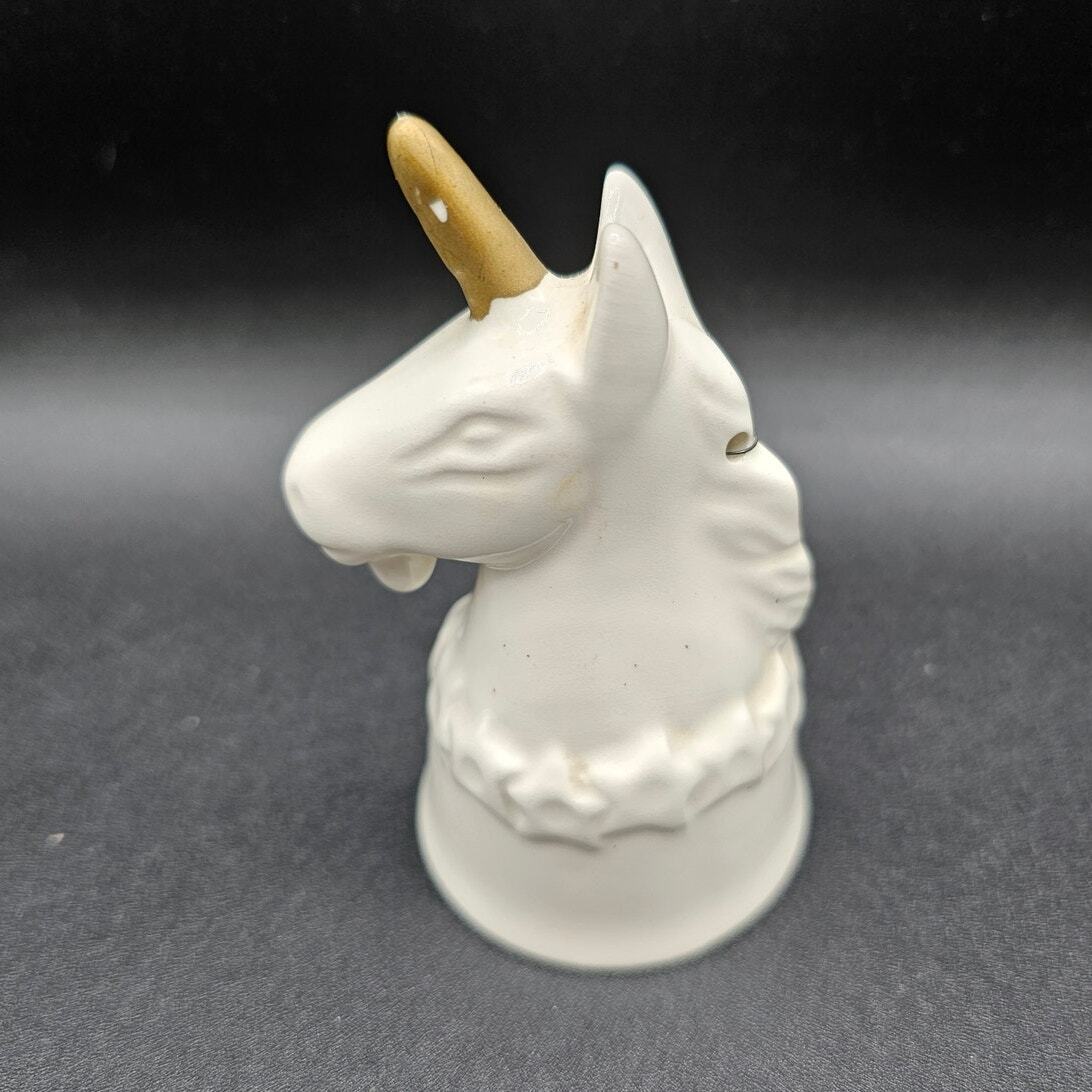 Vintage Single Tone Ivory Unicorn Bell Figurine Male Unicorn w/ Gold Horn