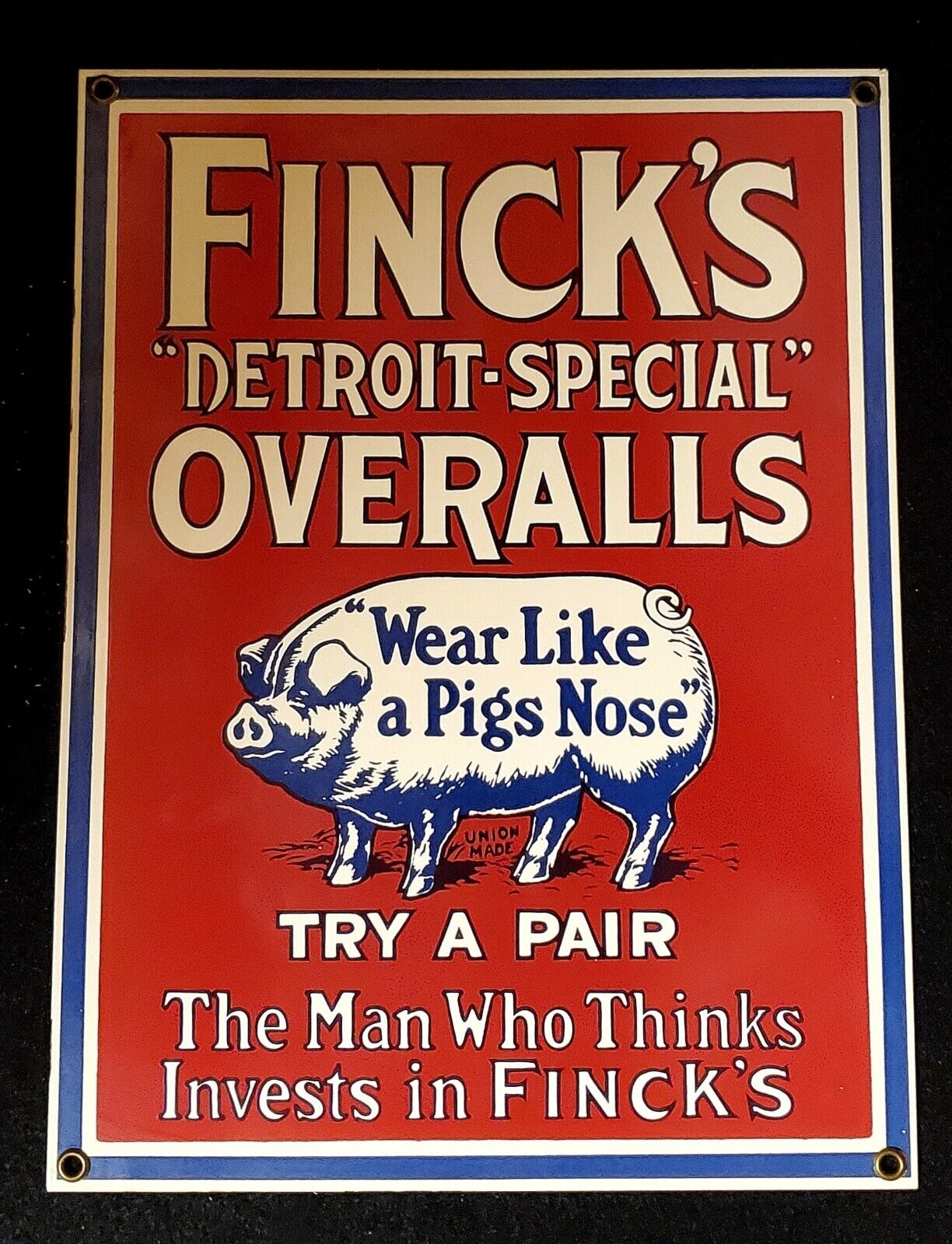 Vintage Finck\'s “Detroit Special” Overalls Pig Advertising Porcelain Enamel Sign