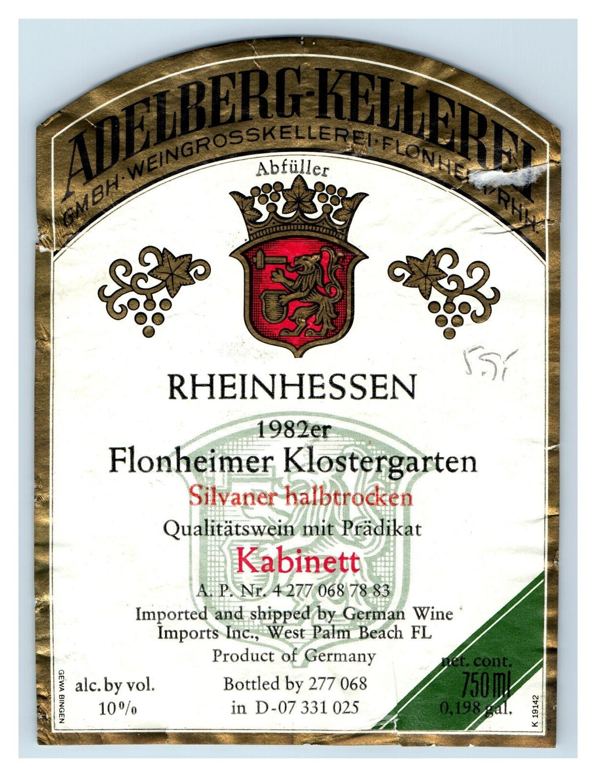 1970\'s-80\'s Rheinhessen Flonheimer Klostergarten German Wine Label Original S9