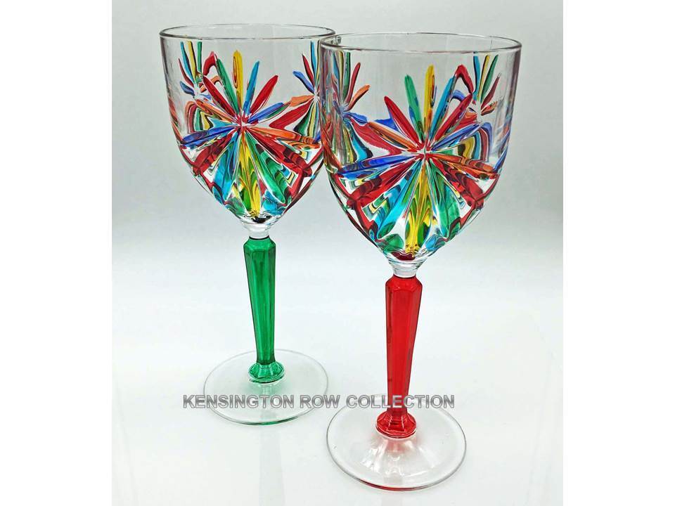 SORRENTO WINE GLASS PAIR - RED & GREEN STEMS - HAND PAINTED VENETIAN GLASS