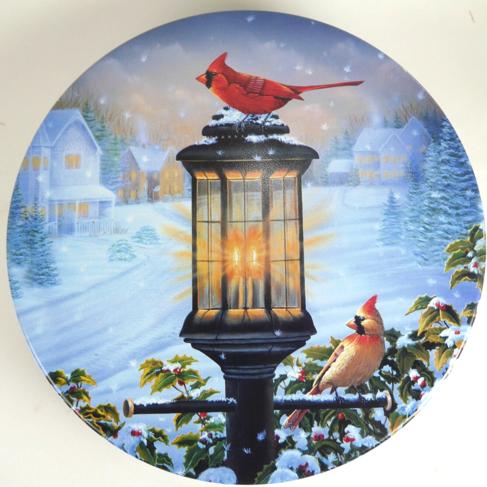 Vintage J.W. Renfroe Tin Cardinal on Streetlight Winter Christmas