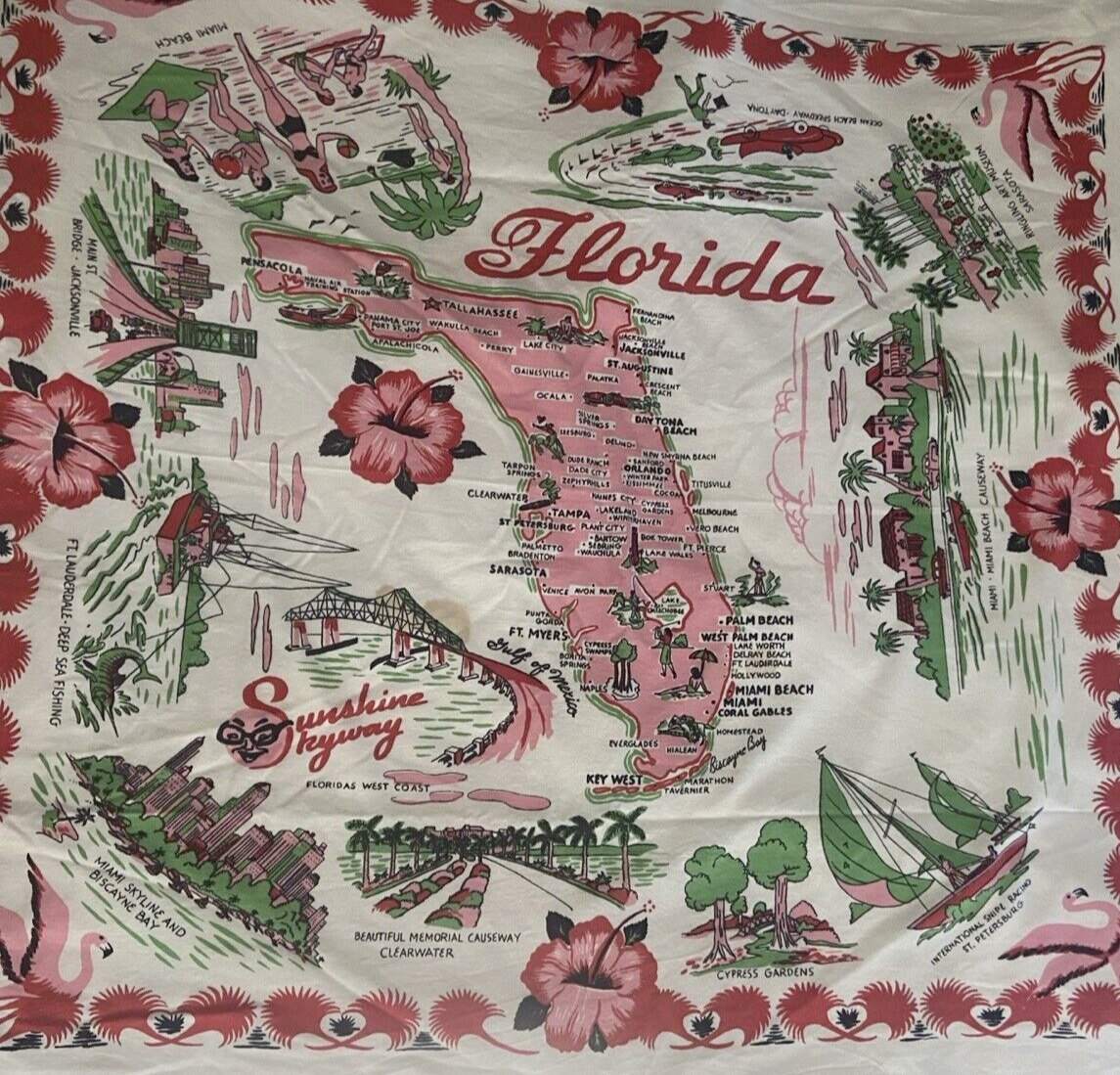 OLD VINTAGE FLORIDA MAP TABLECLOTH TABLE CLOTH- Fair condition