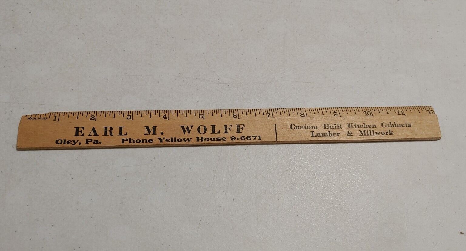 Vintage Earl M. Wolff Oley PA Advertising Wood Ruler