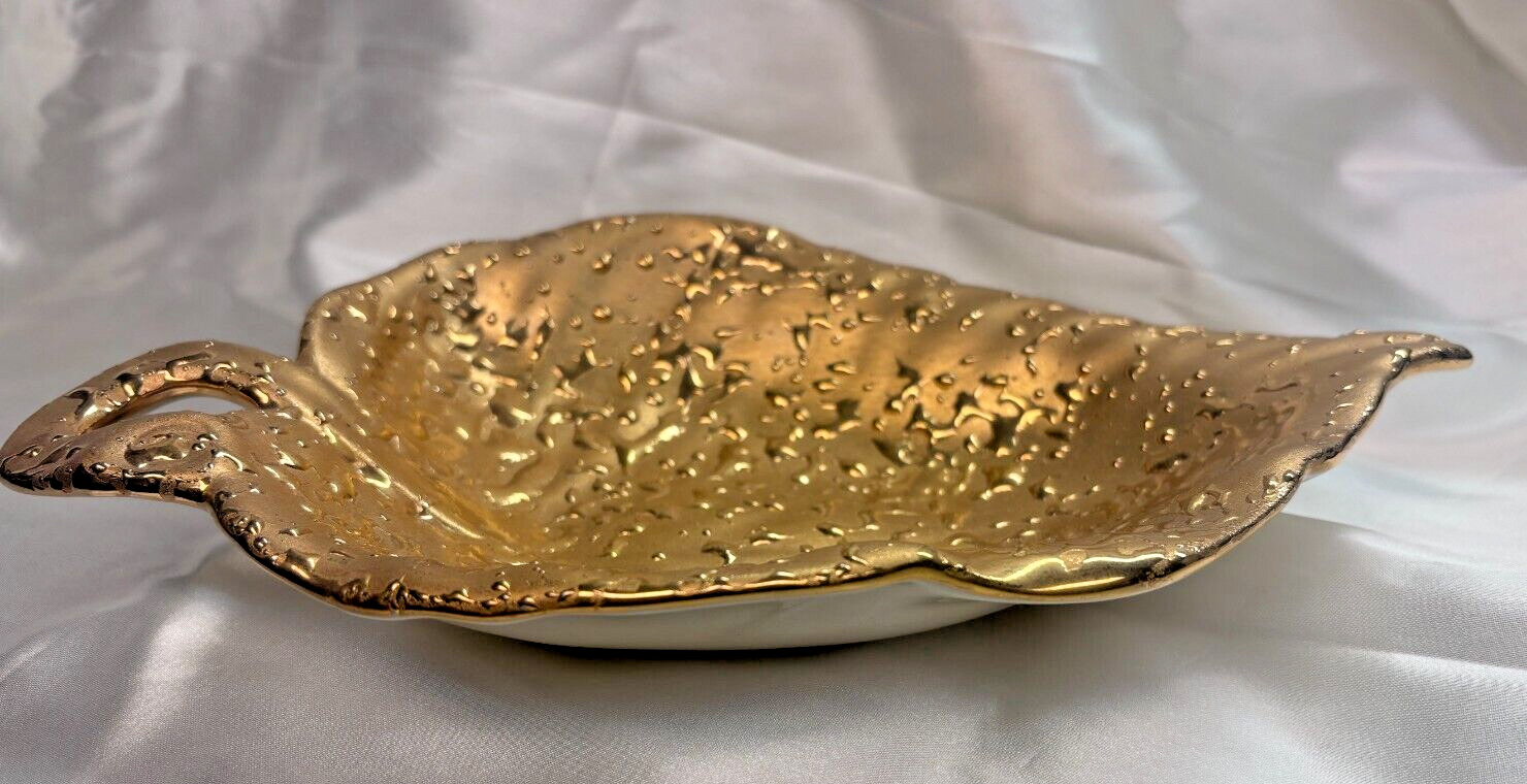 RARE - Vintage Weeping Bright 22 Karat Gold Hand Decorated 10 Inch Leaf Dish USA
