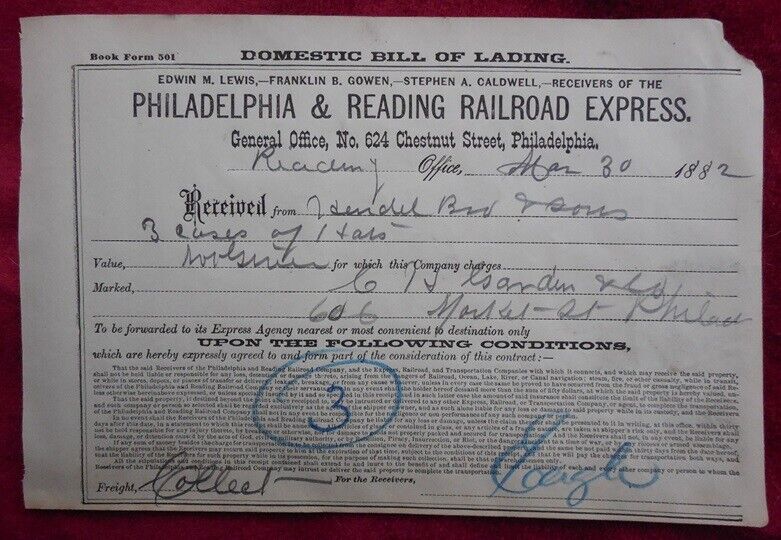 Antique 1882 Philadelphia & Reading Railroad Express Bill of Lading 3 Cases Hats