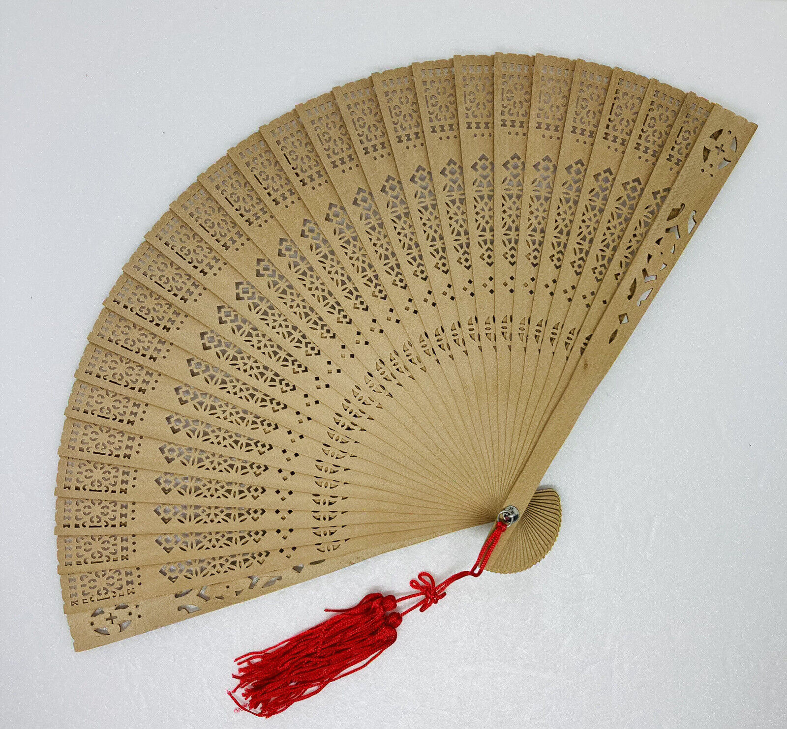 Vintage 1970s Japanese Ornate Handcarved Bamboo Wood Hand Fan Art Decor c3