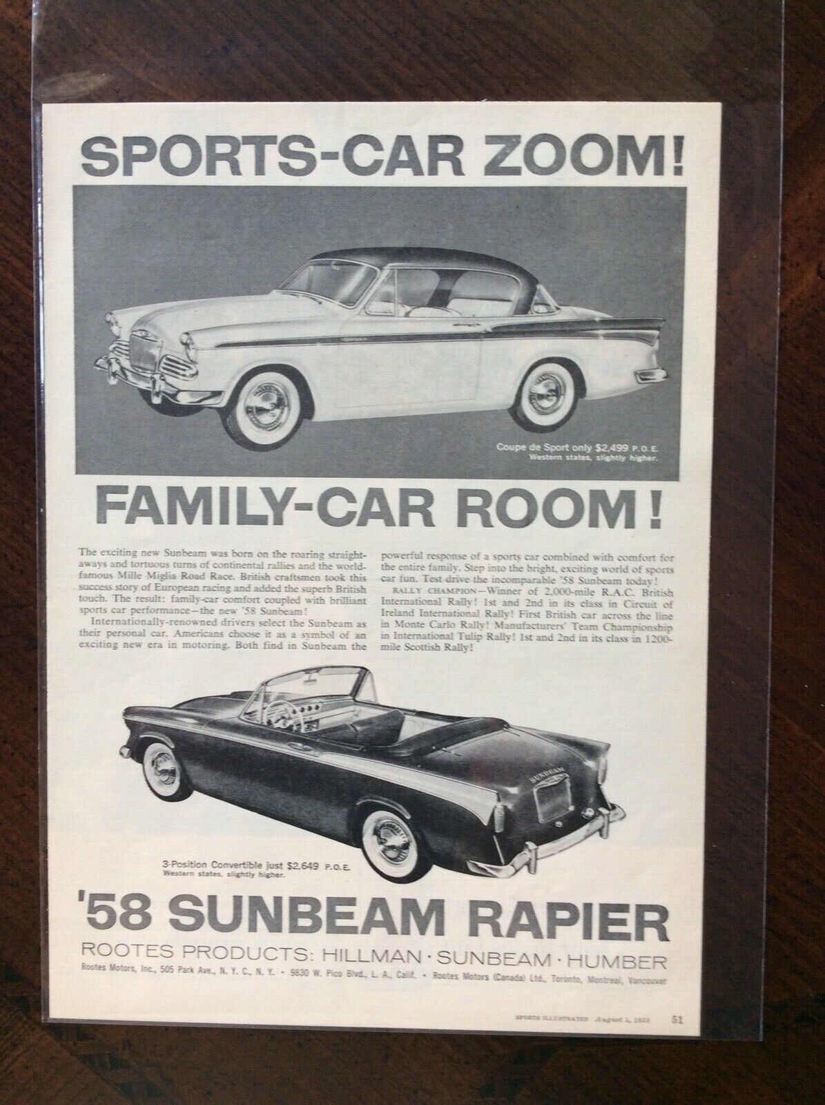 1958 vintage Original ad Sunbeam Rapier Automobile fantastic condition 