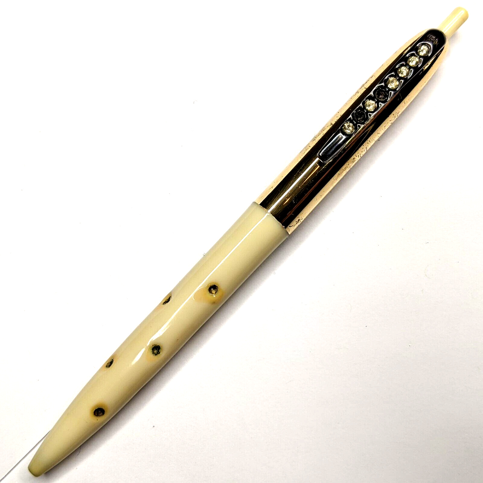 c1950s White Unbranded Faux Diamond Jewels Ballpoint Pen Gold Tone Vintage G38
