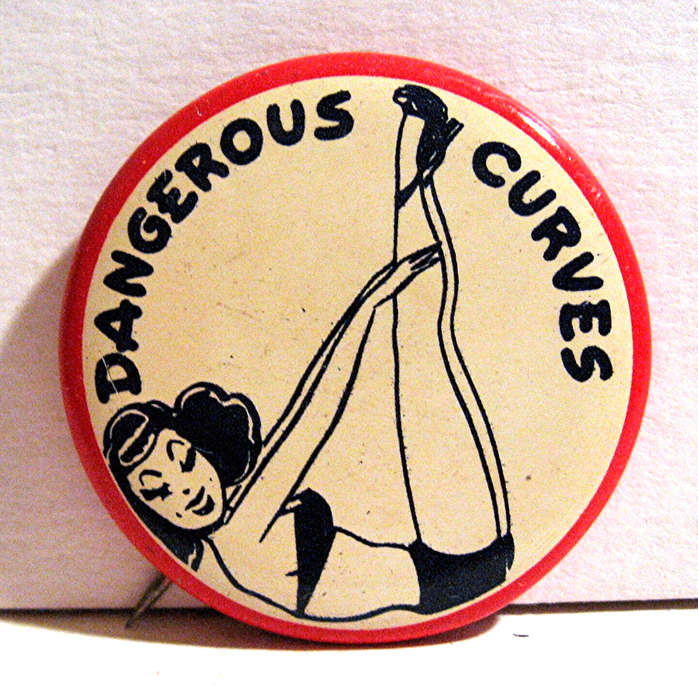 Vintage 1940-1950\'s Dangerous Curves Novelty Funny Pinback Button Old Stock