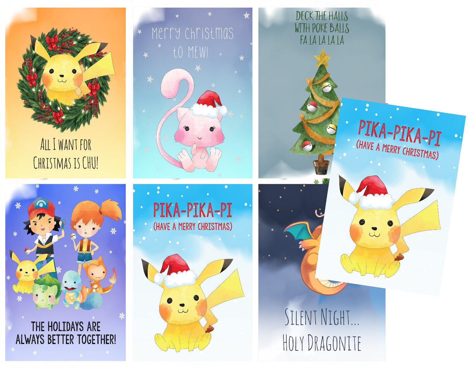 Pokemon Themed Christmas Greeting Card Set of 7