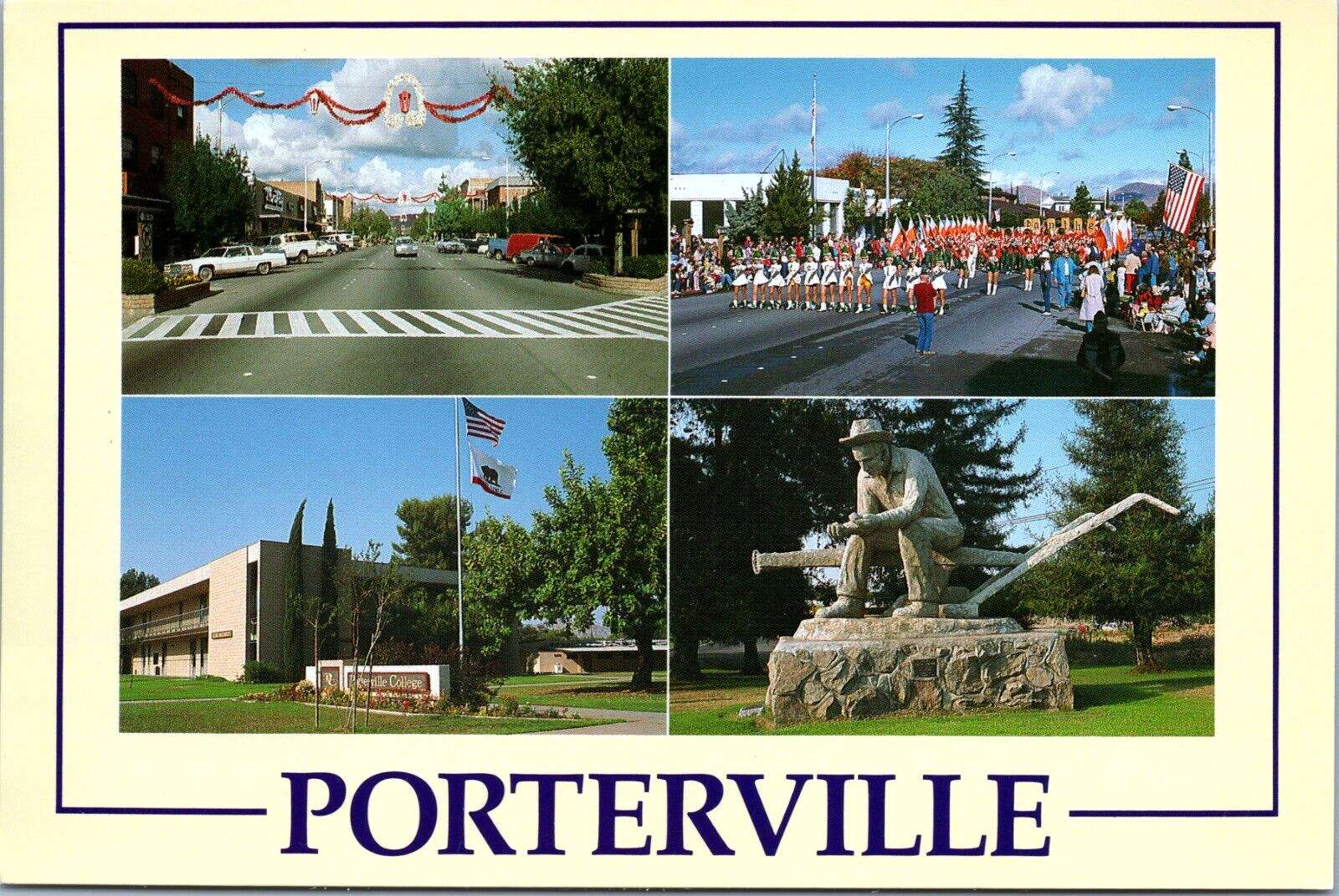 Porterville CA Main Street Parade Marching Band Community College Farmer Statue