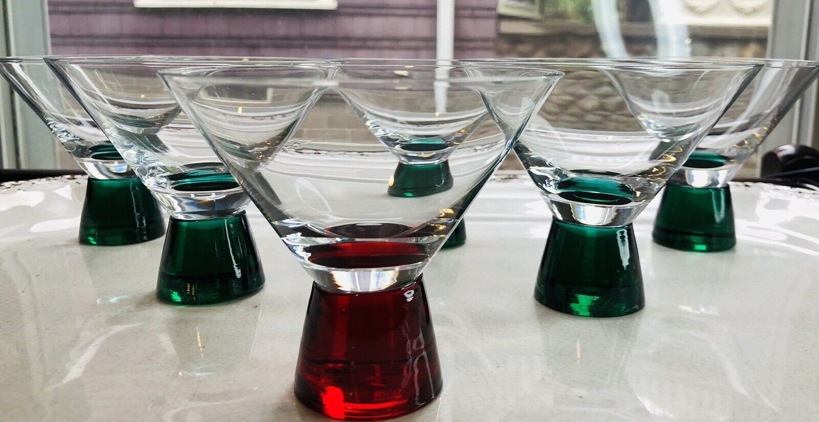 Mid Mod Green Red Nick & Nora Cocktail Glass Thick Stem Unique Barware Set Of 6