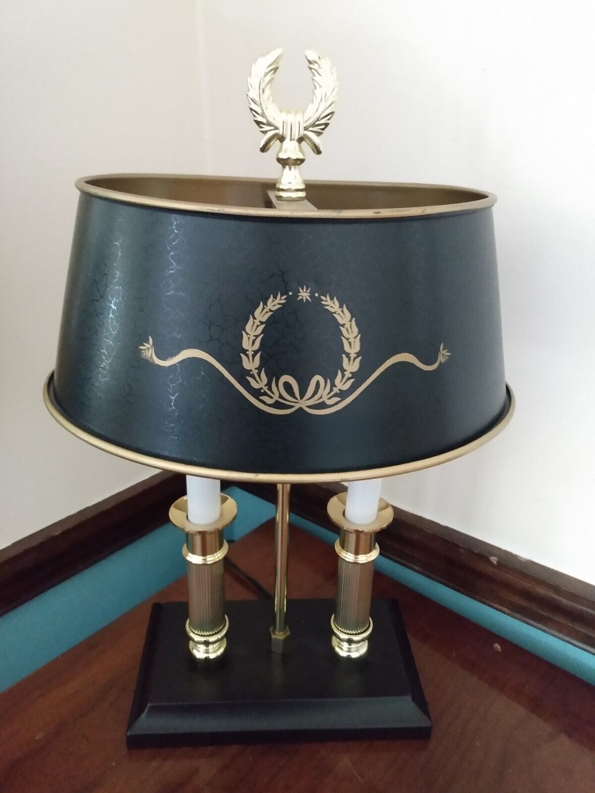 Vintage Bouillotte French Style Lamp Black Toleware Tole Shade Candlestick Brass