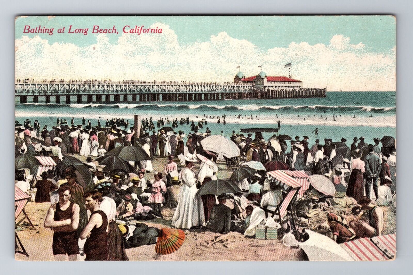 Long Beach CA-California, Bathing at Long Beach, Pier, Vintage Souvenir Postcard