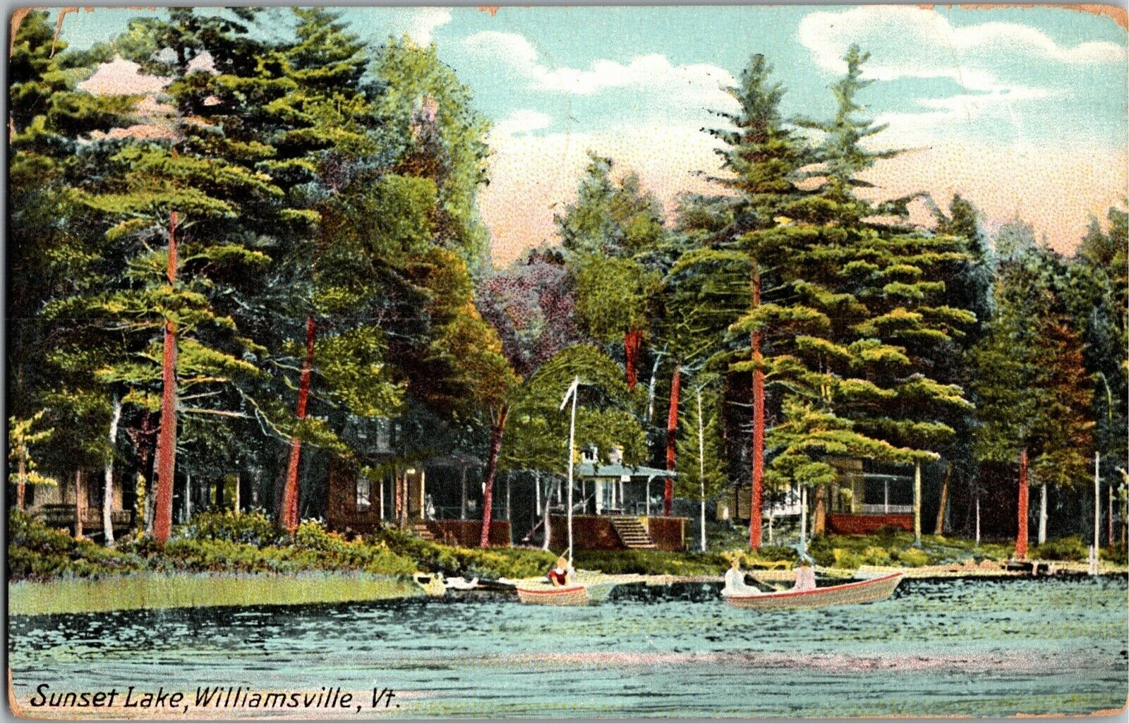 View From Water, Cottages on Sunset Lake Williamsville VT c1909 Vtg Postcard C23