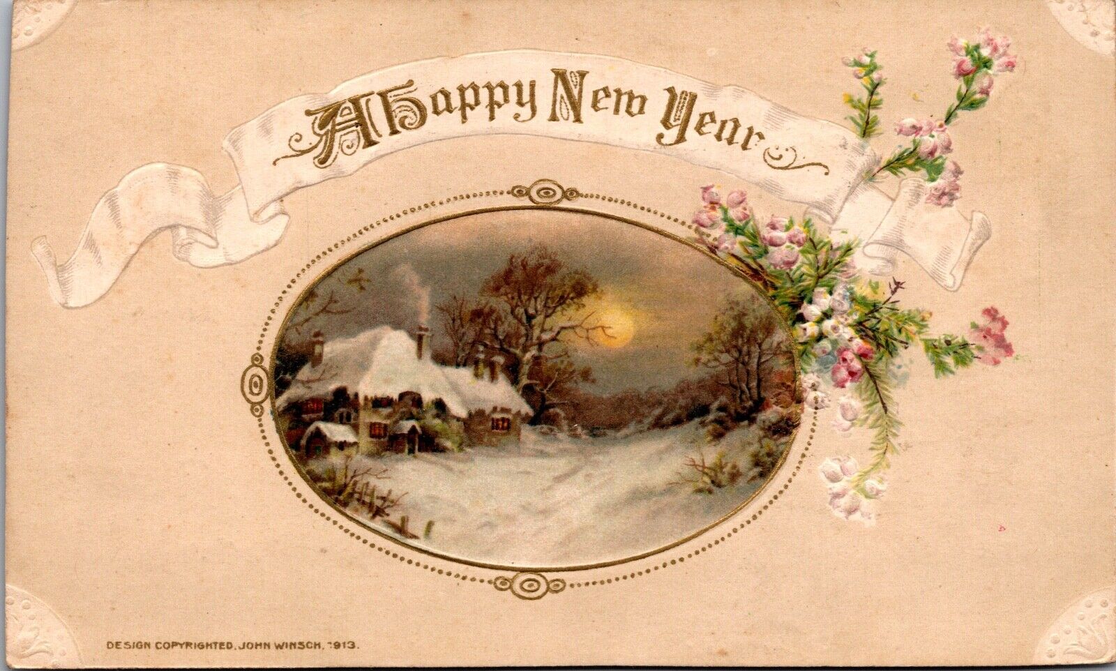 John Winsch A Happy New Year Postcard Snow Covered House Full Moon
