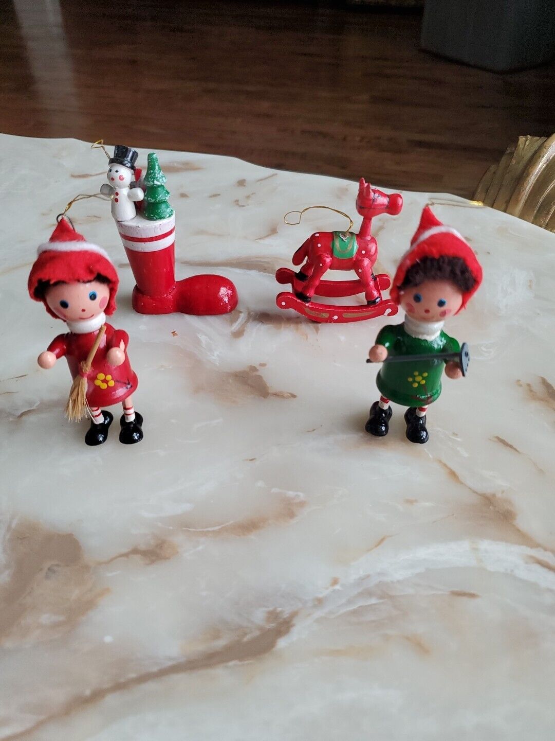 Vintage Wooden Christmas Ornaments Lot Of 4 Rocking Horse, Stocking, Figures