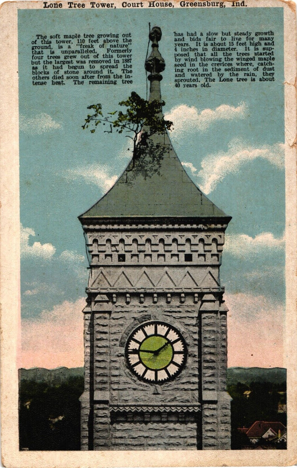 Lone Tree Tower Court House Greensburg IN Divided Postcard c1910