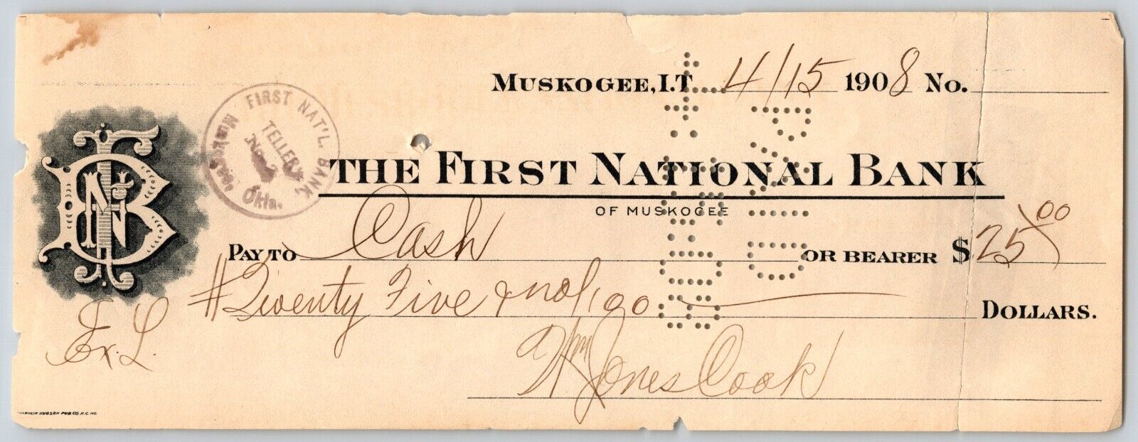 Muskogee, OK 1908 Indian Territory* FNB Bank Check - Scarce