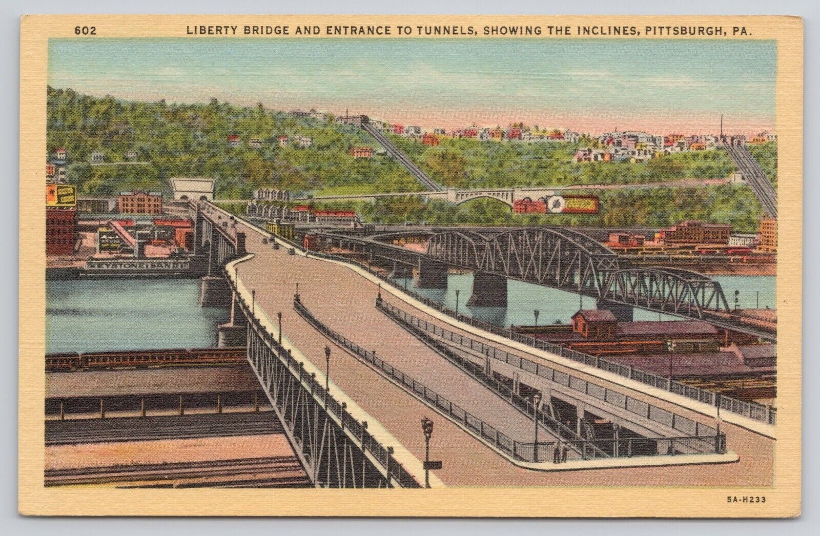 Pittsburgh PA Liberty Bridge Entrance to Tunnels Showing Inclines 1935 Postcard