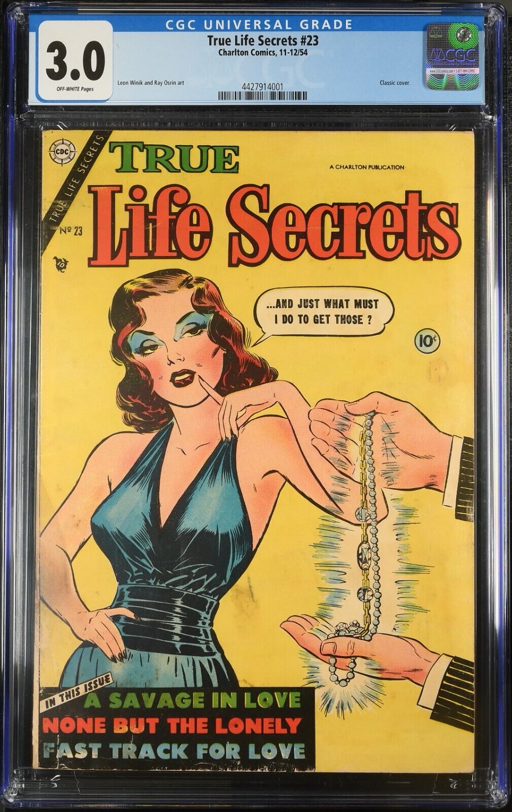 TRUE LIFE SECRETS 23 CGC 3.0 V1 CHARLTON 1954 CLASSIC PEARL NECKLACE COVER WOW