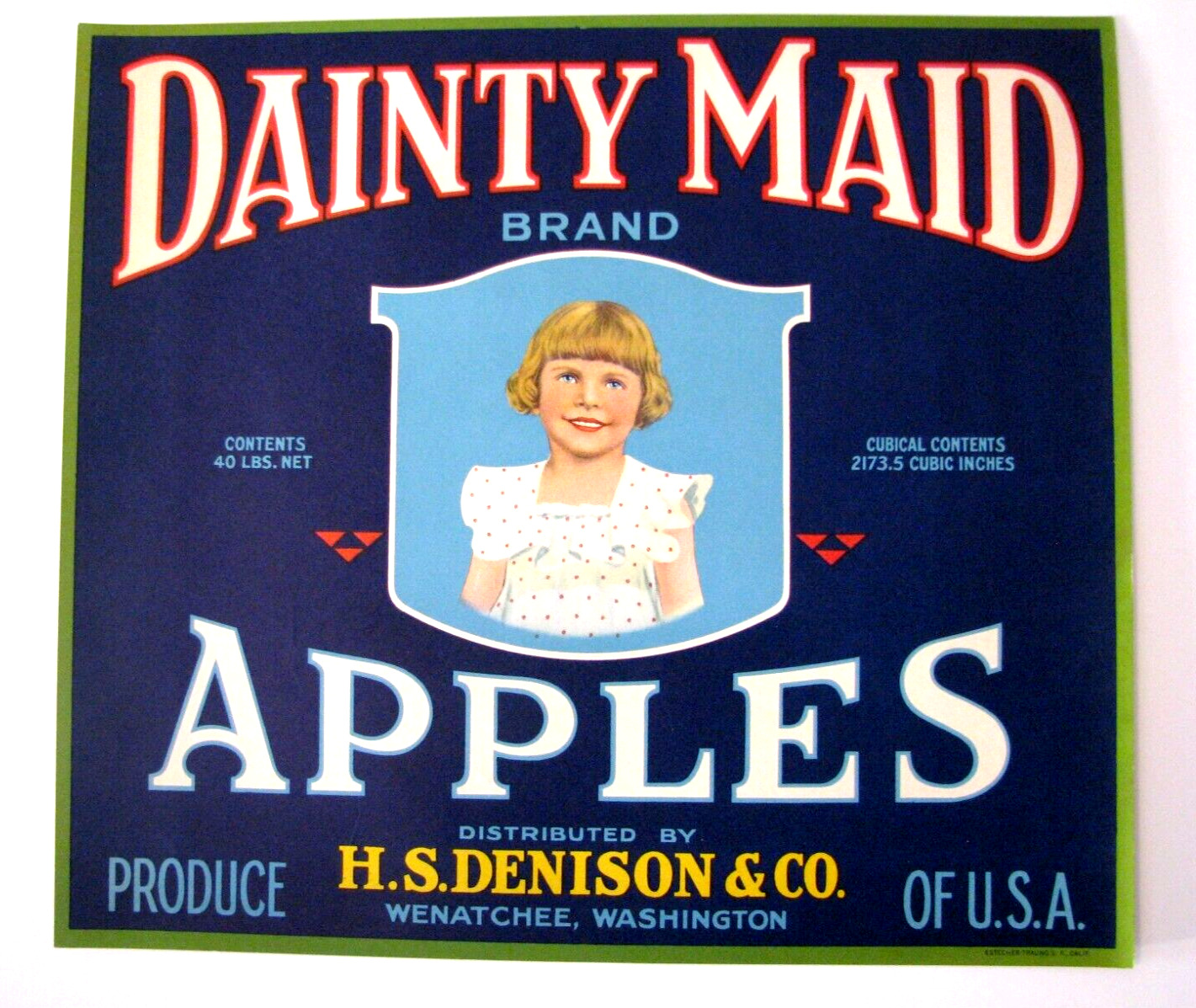 Original 1930s bordered blue DAINTY MAID apple crate label  Wenatchee polka dot