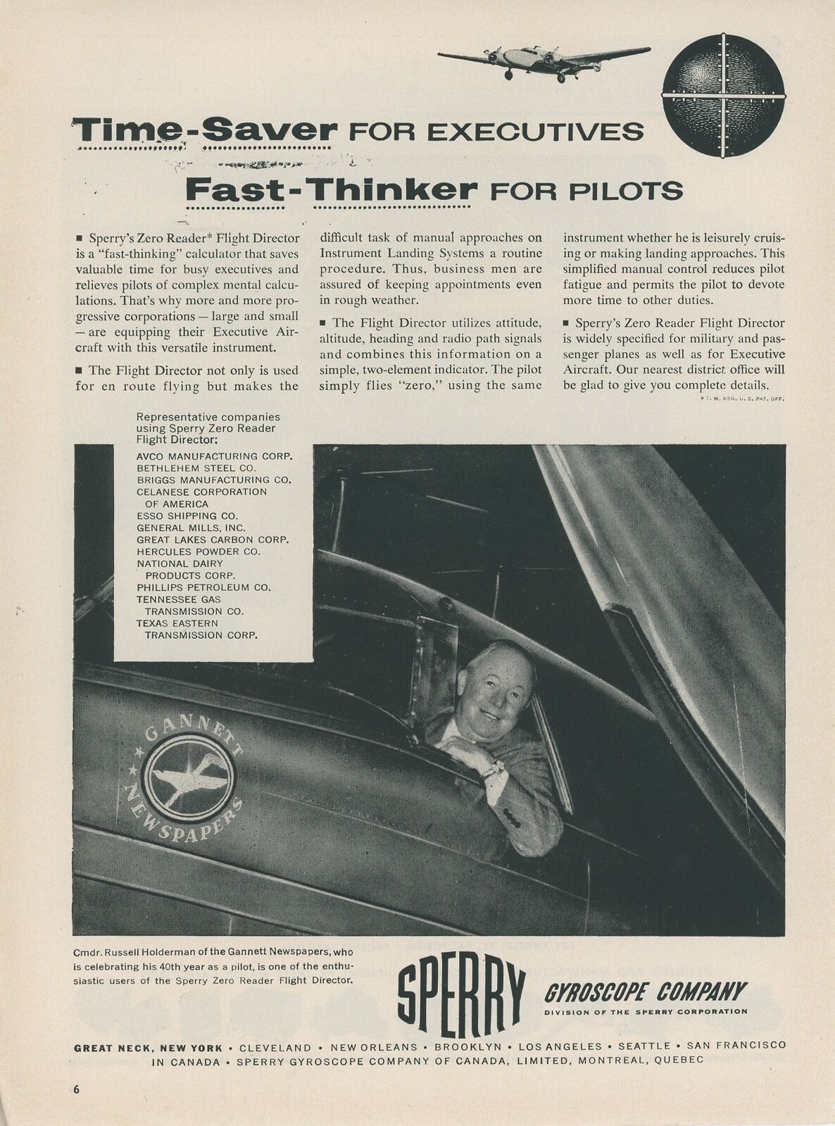 1953 Sperry Gyroscope Ad Gannett Newspapers Company Airplane Business Executive