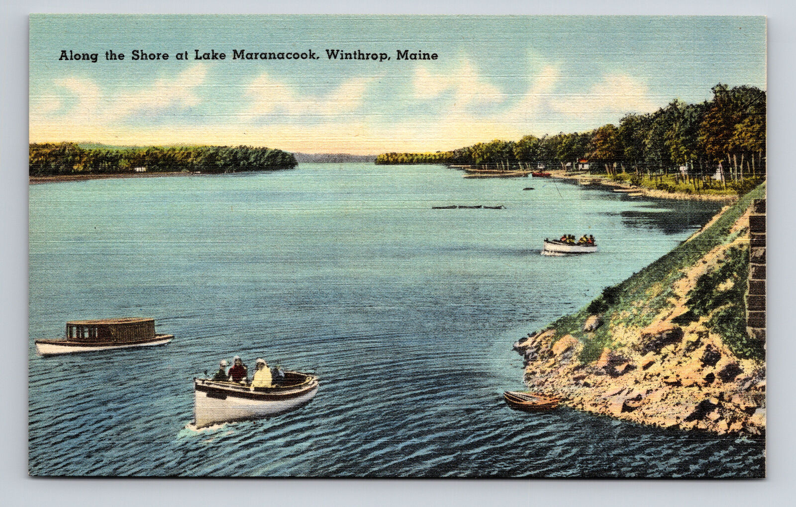 Linen Postcard Winthrop ME Maine Scenic View Lake Maranacook Boats