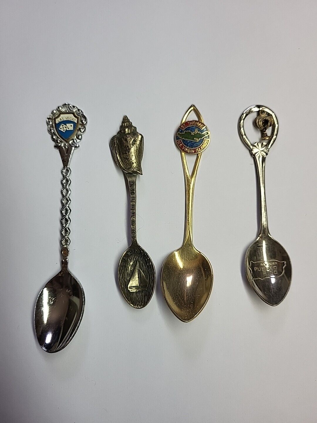 Lot Of 4 Souvenir Spoons, Puerto Rico, Virgin Islands, Bahamas, Las Vegas,...