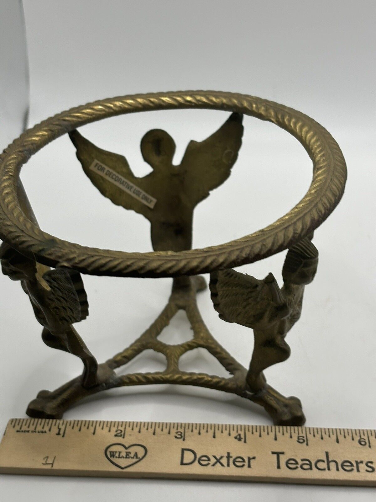 Brass 3 Winged Angels Playing Lute Cupid Candle Holder Cherubs Vintage