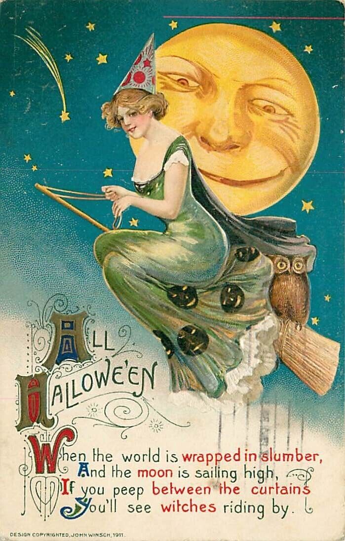 Winsch Schmucker Embossed Halloween Postcard Pretty Witch on Broom & Large Moon