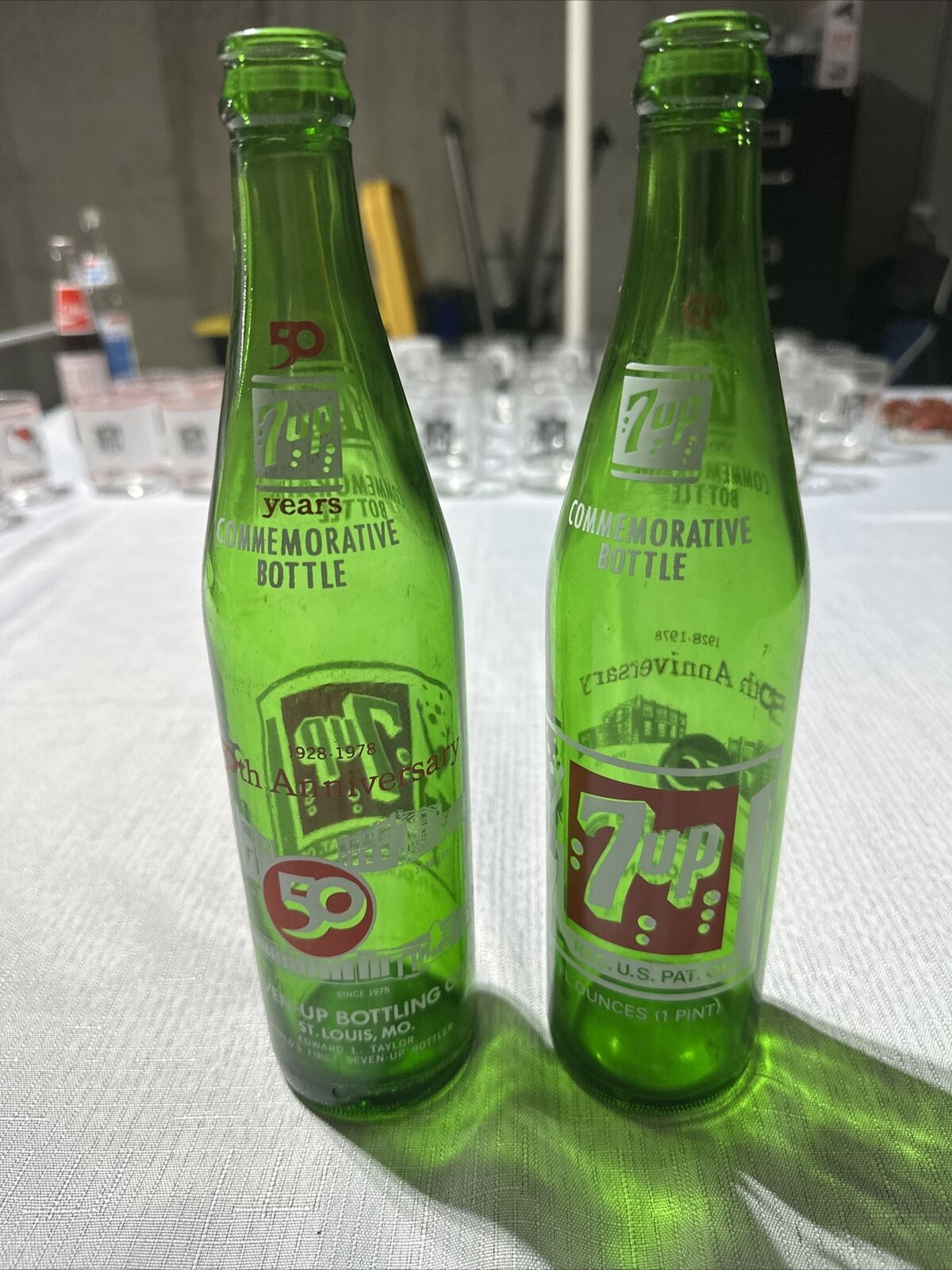 (2) 7UP 50th Anniversary VTG 7UP Commemorative Soda Bottles 16 oz St. Louis, MO
