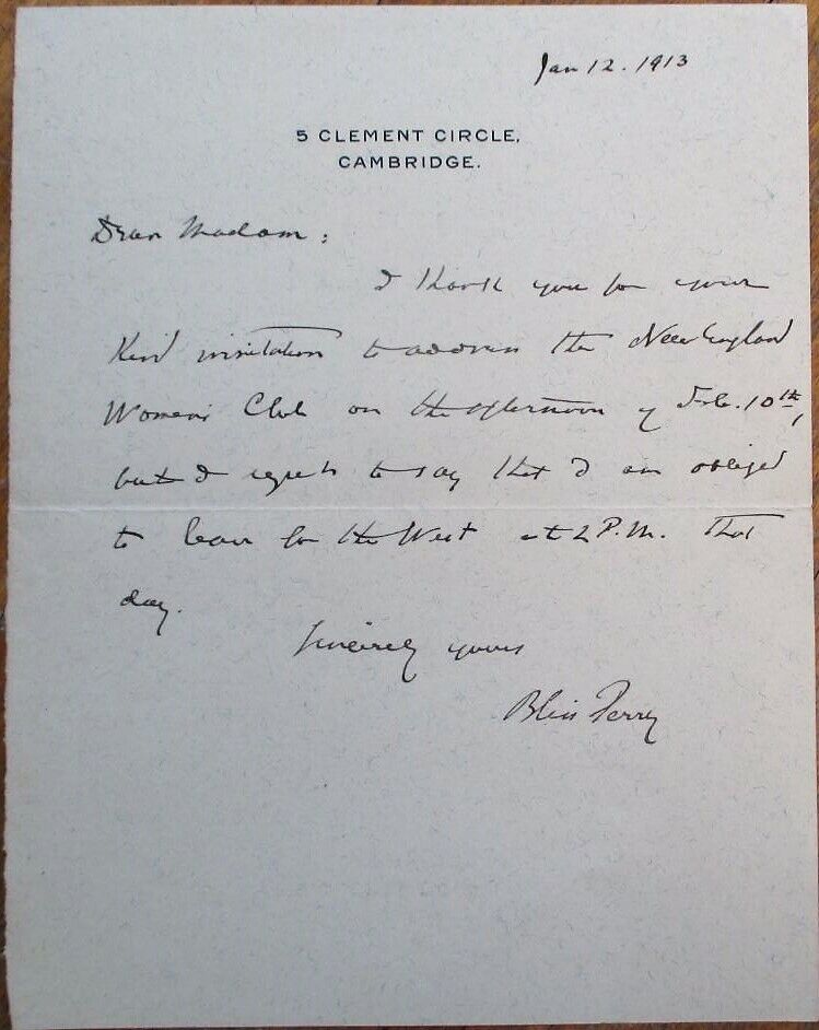 BLISS PERRY 1913 ALS Autograph Letter - Scholar & Editor, Princeton & Harvard
