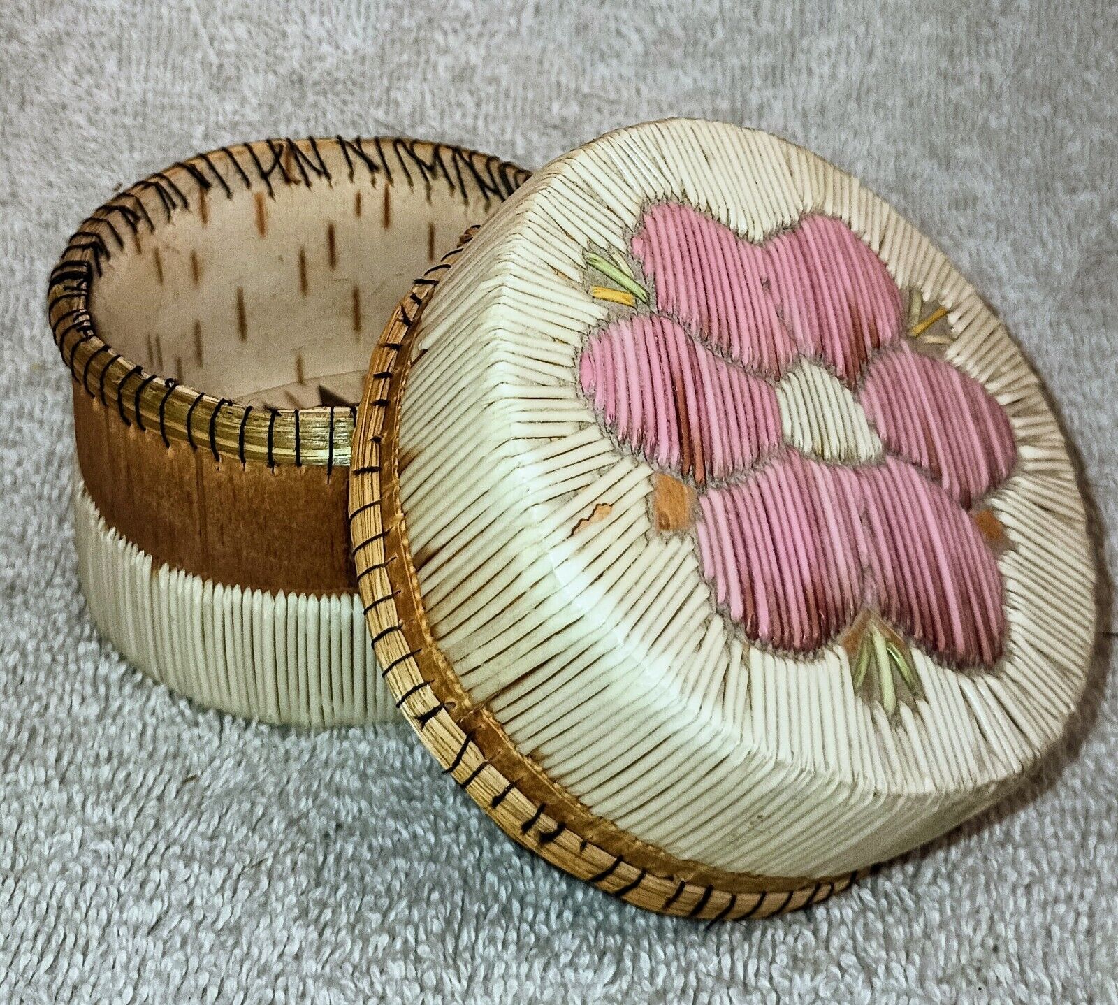 Ojibwa Porcupine Quill Box With Pink Rose