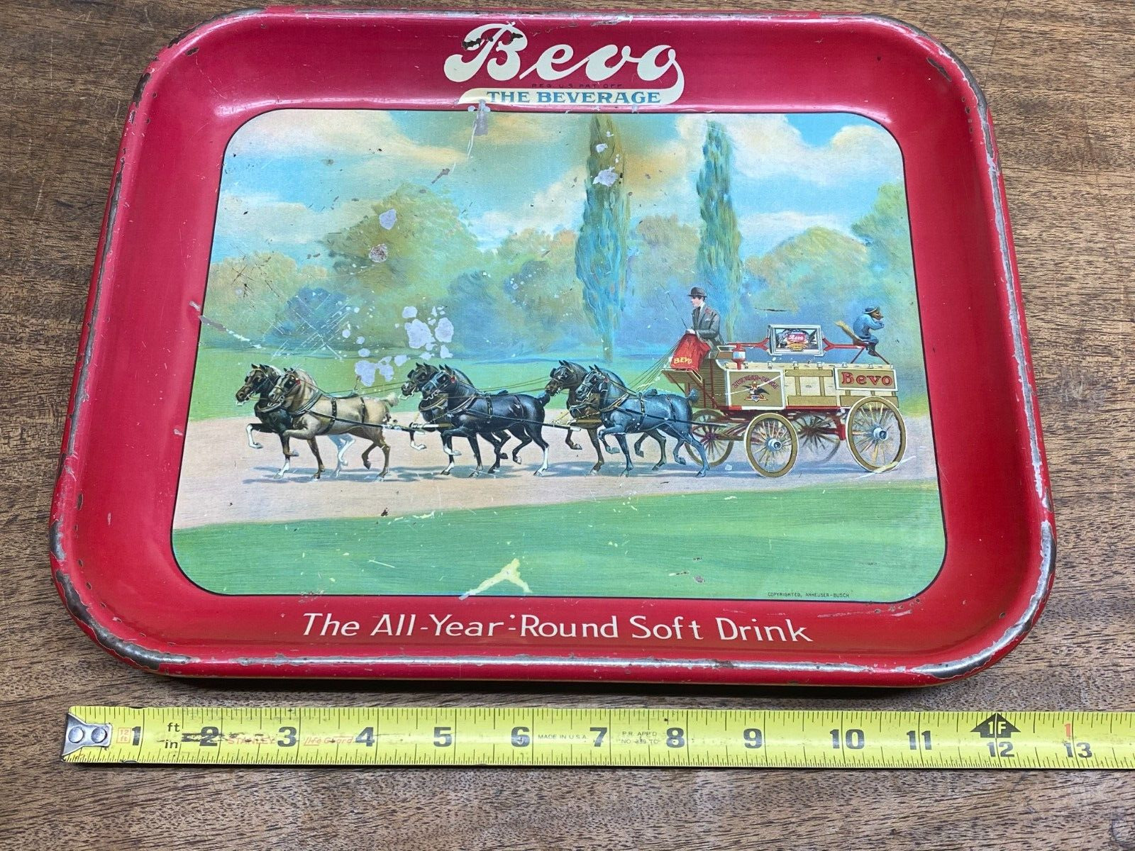 Vintage 1930s Prohibition Anheuser Busch Bevo All Year Round Soft Drink Tin Tray
