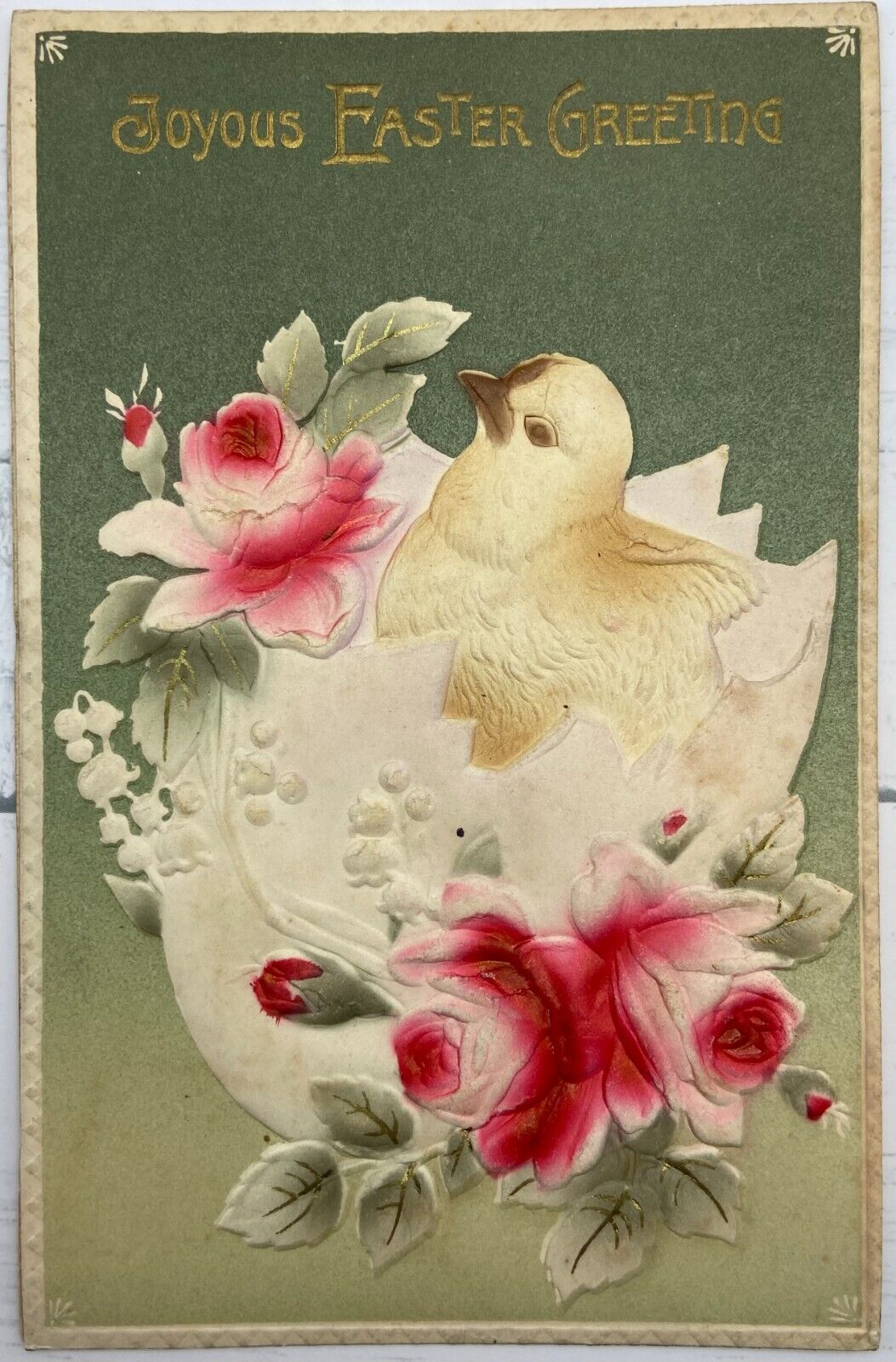 Postcard Joyous Easter Greeting ~ Embossed Chick & Roses