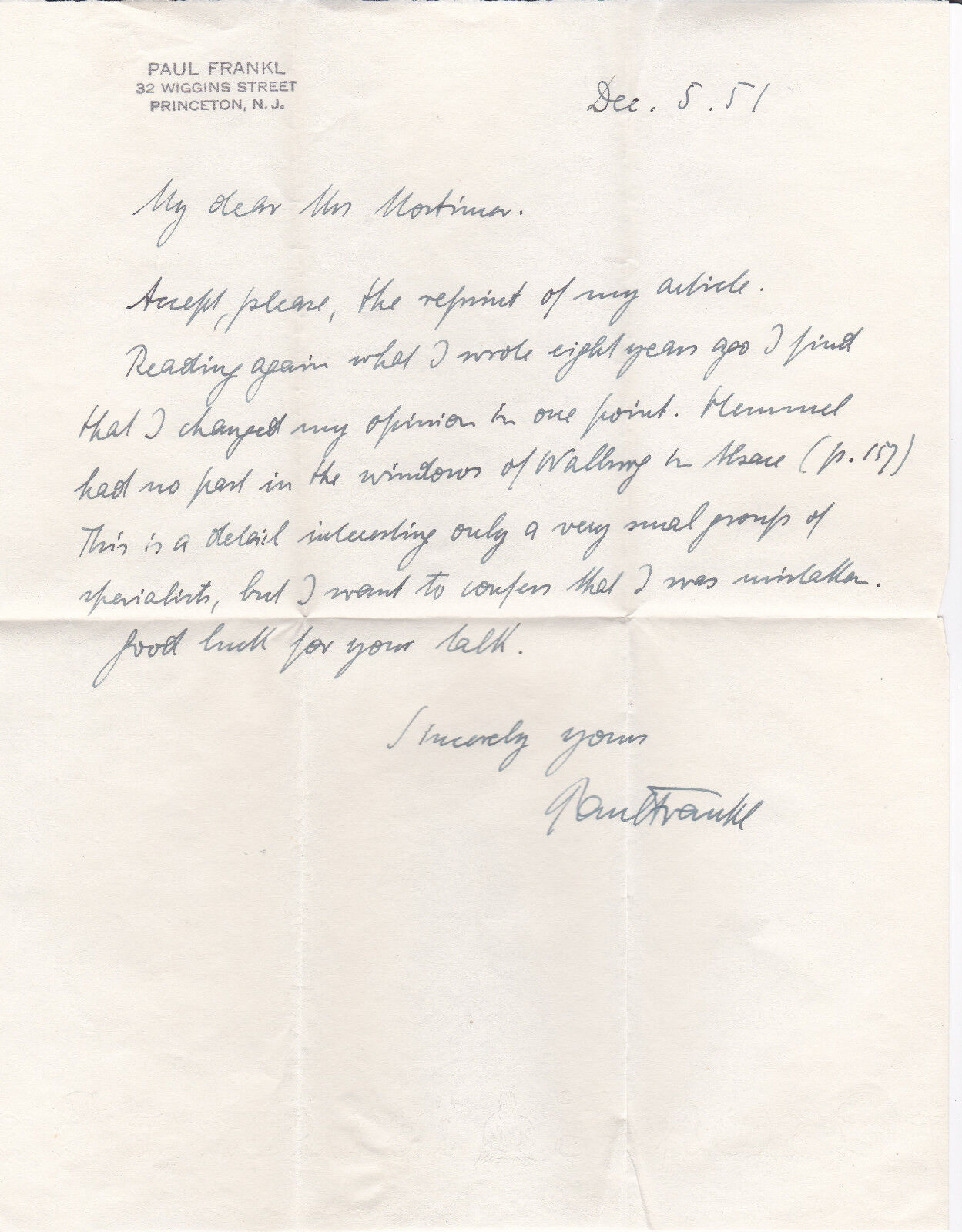 Letter of PAUL FRANKL concerning his earlier opinions regarding PETER HEMMEL