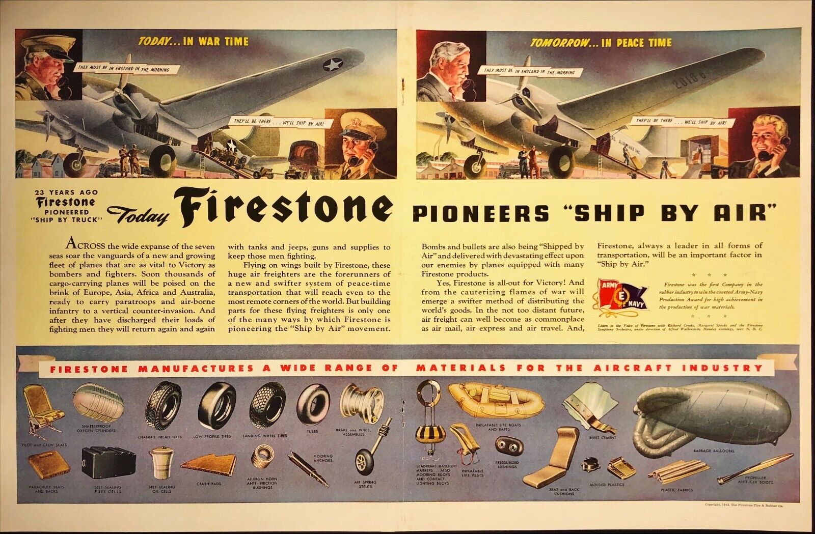 1942 Firestone Pioneers Ship By Air Army Navy Award WWII Vintage 2-Page Print Ad